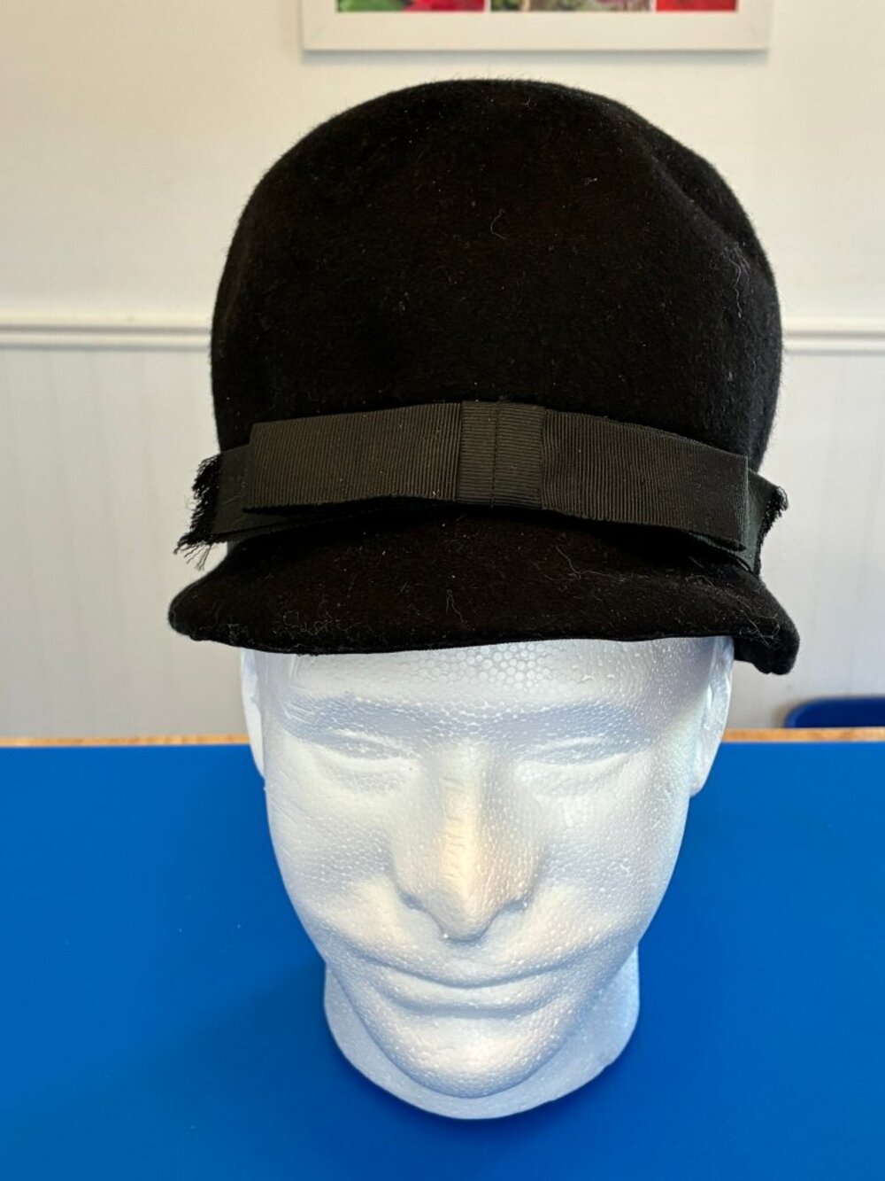 VTG Henry Pollak Peachfelt Black Wool Cloche Flapper Hat Ribbon Bow Union Label
